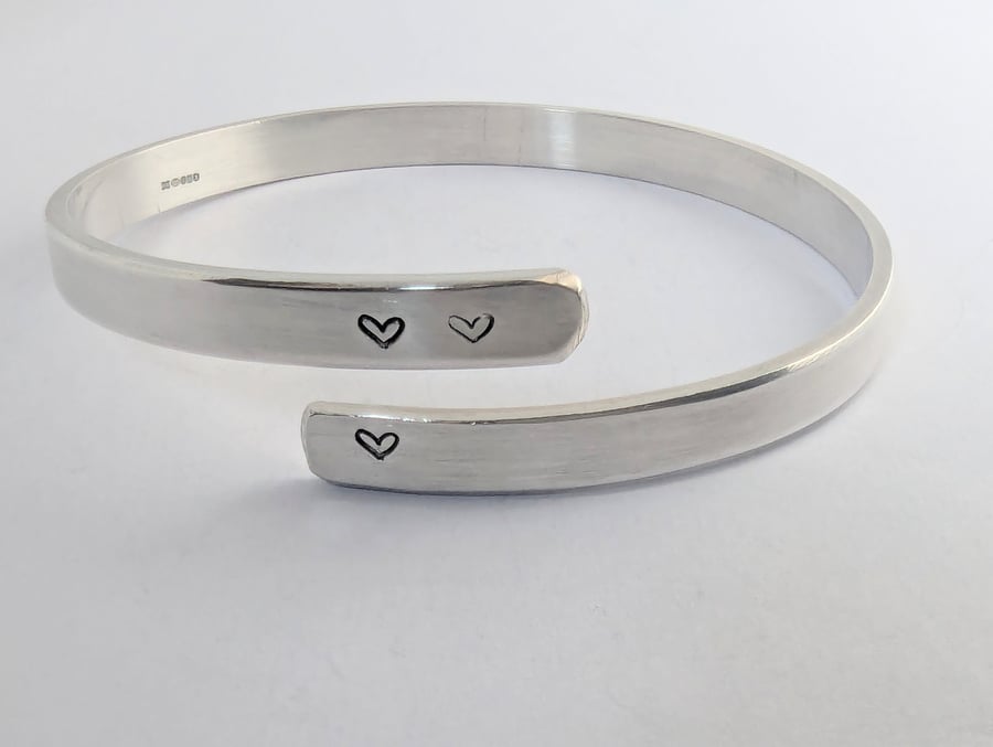Love and Heart Bangle, Secret LOVE Message,  Recycled Sterling Silver, 