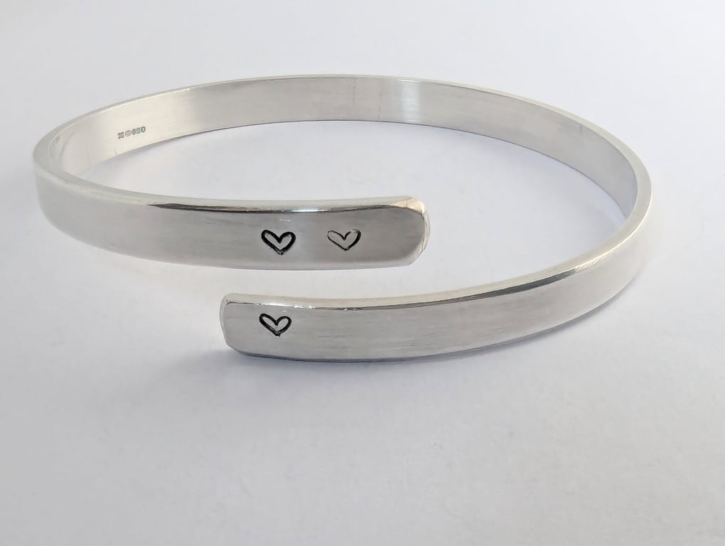 Love and Heart Bangle, Secret LOVE Message,  Recycled Sterling Silver, 