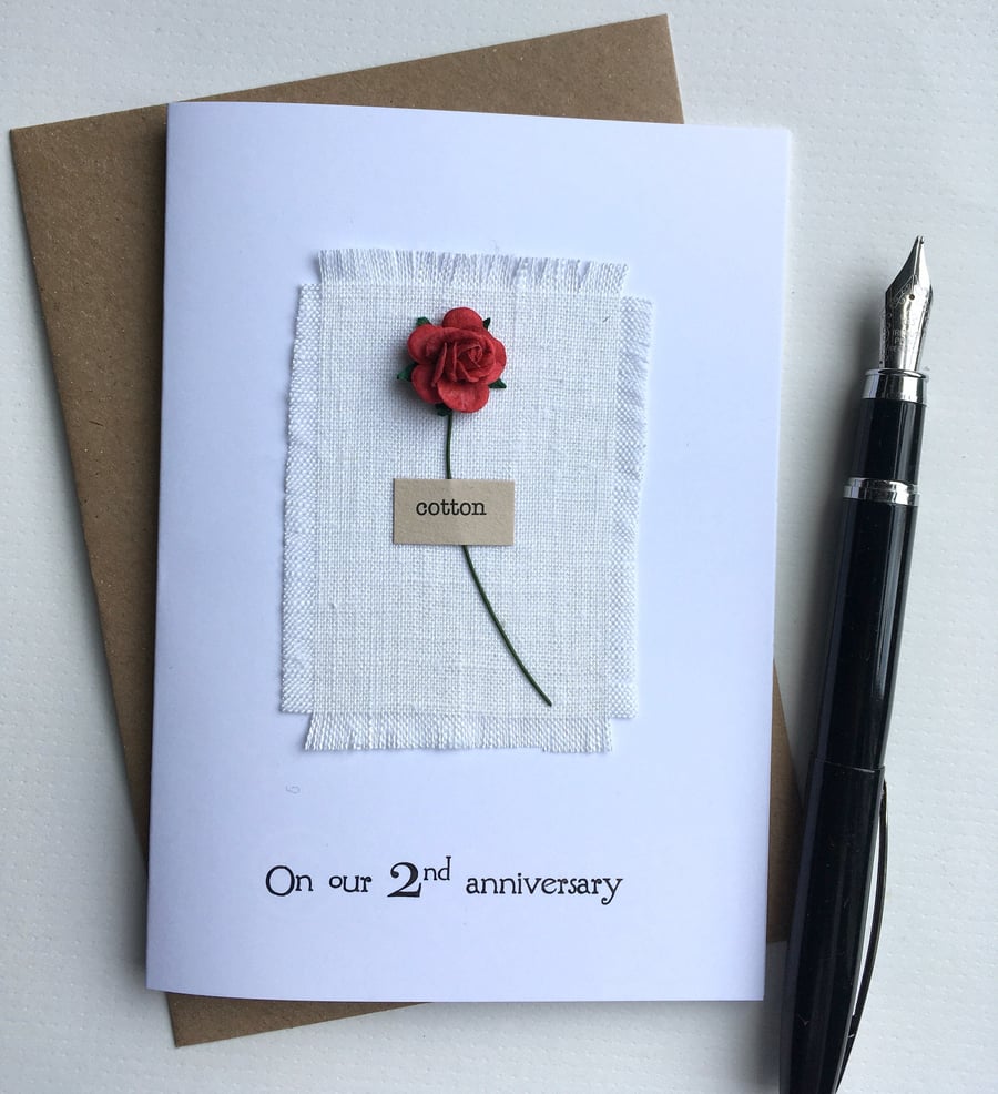 2nd Anniversary Keepsake Card with Cotton Fabric and Single Red Rose