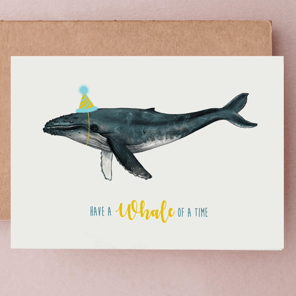 Whale Birthday Card - Cute Blue Humpback Whale Cards, Funny Sealife