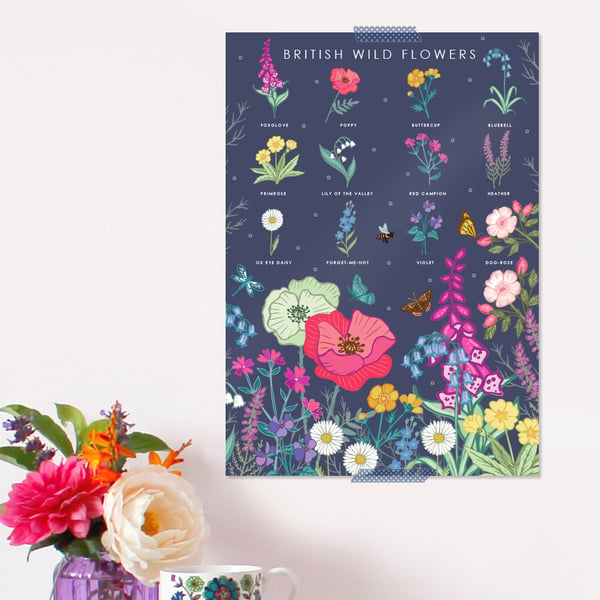 British Wild Flowers Poster - Field Guide Poster - A3 sized