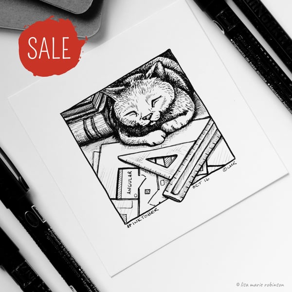 SALE - Angular Architect Cat - Day 16 Inktober 2018 - Small Kitty Drawing