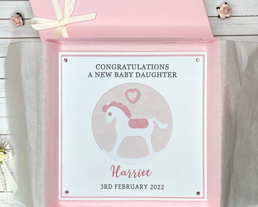 Personalised Pink New Baby Girl Card Rocking Horse Daughter Granddaughter Boxed