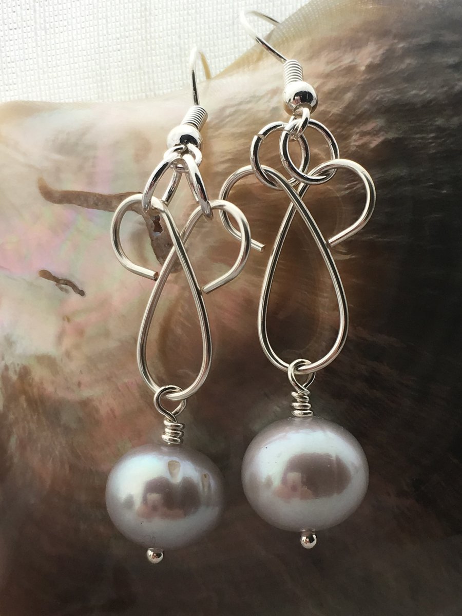 Grey freshwater pearl drop earrings - made in Scotland. 