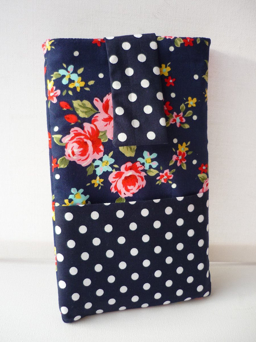 Handmade KINDLE CASE E Reader TABLET Case POUCH Navy With White Spots & Roses