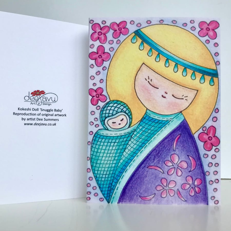 Mother and Baby Art Print Greetings Card, Cute Japanese Kokeshi Doll Card