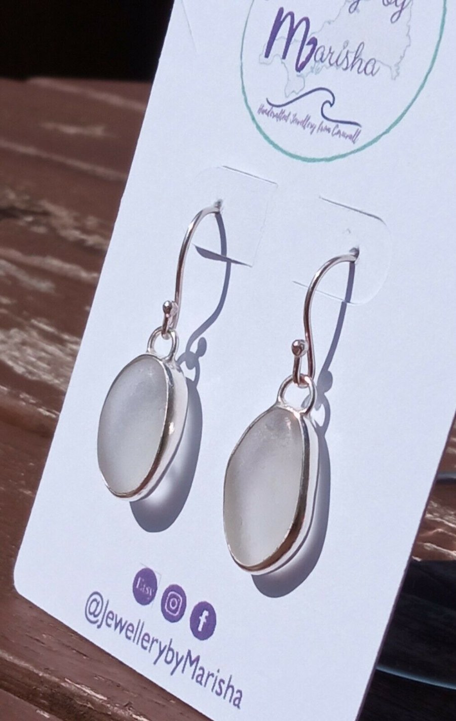 White Seaglass Dangly Earrings in Fine Silver & Recycled Sterling Silver