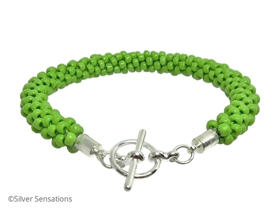 Hand Made Bright Lime Apple Green Beaded & Braided Woven Kumihimo Bracelet