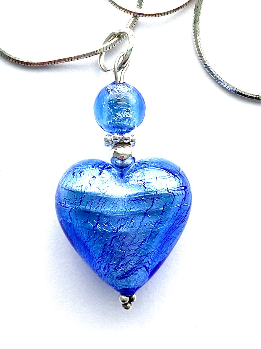 Murano glass blue heart pendant with sterling silver.