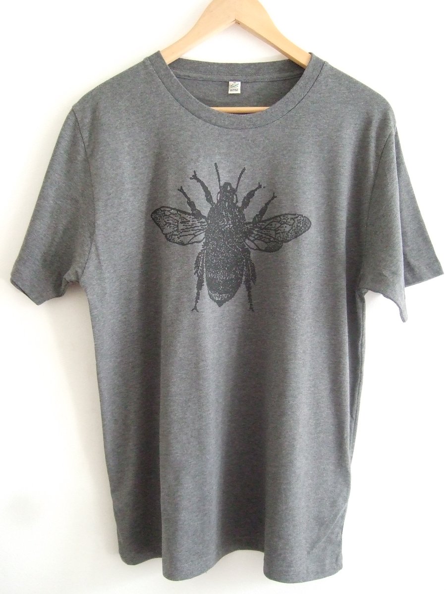 Bee Print Unisex grey organic cotton ethical printed T shirt