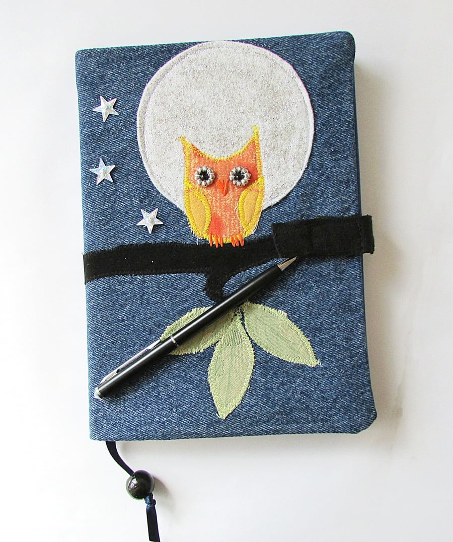 Slip on Cover&Notebook, apliqued with Owl and Glittery Moon, Diary, reusable 