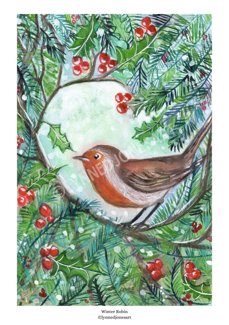 Winter Robin A4 illustration print unframed to frame at home 