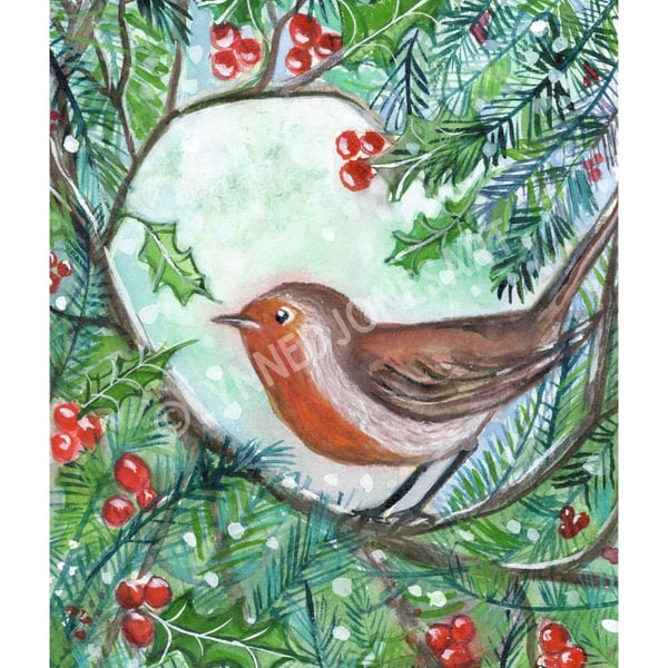 Winter Robin A4 illustration print unframed to frame at home 
