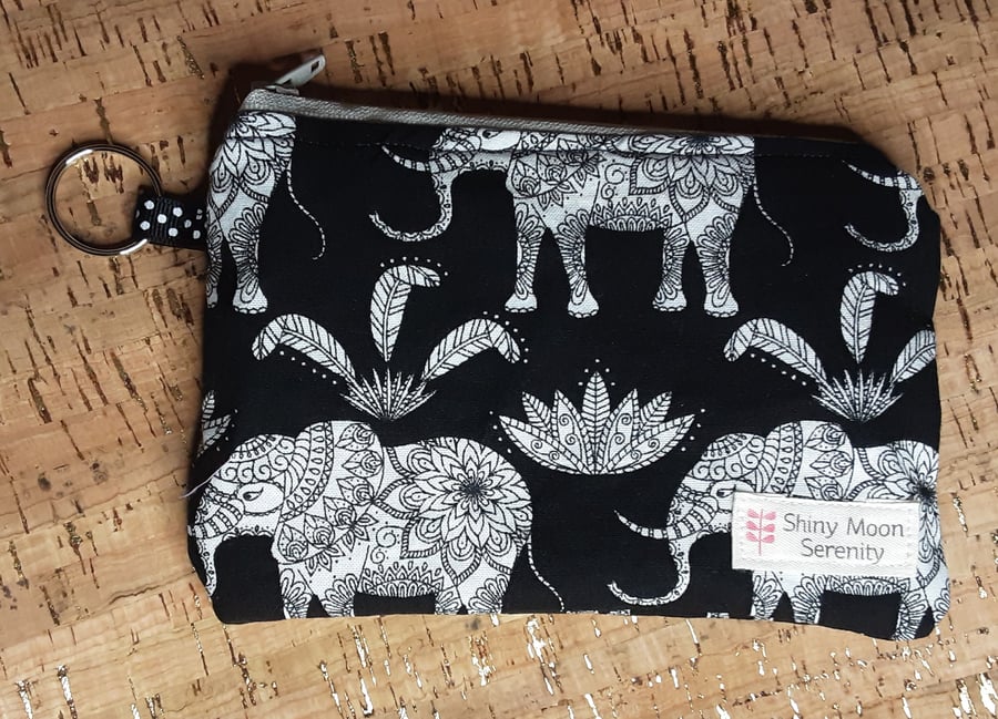 Coin Purse Black with White Elephant Print.