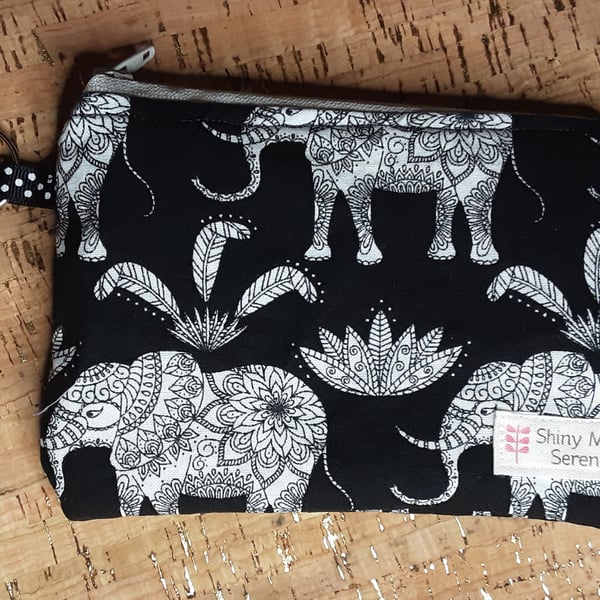 Coin Purse Black with White Elephant Print.
