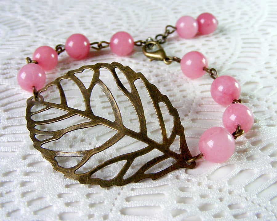 Bronze Leaf Connector Bracelet with Pink Morganite Beads