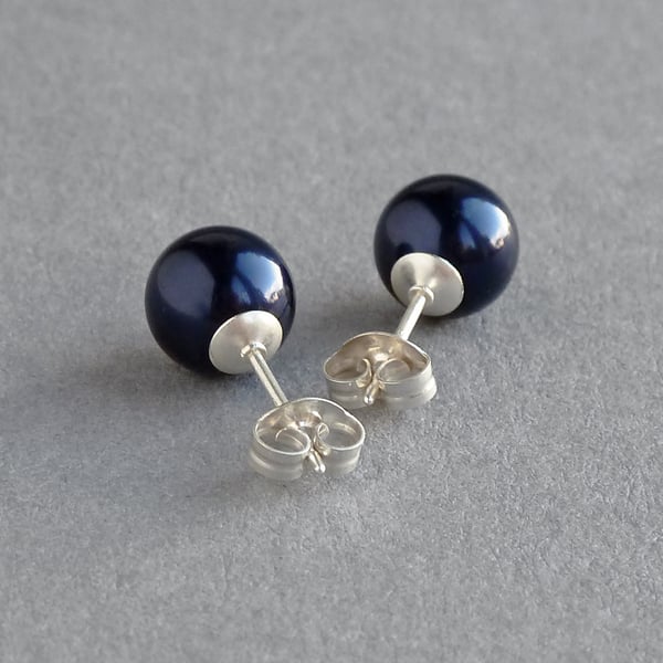 Navy Pearl Stud Earrings - 8mm Round Dark Blue Studs - Midnight Blue Jewellery