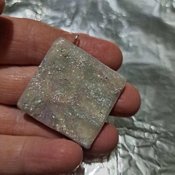 Square polymer clay pendant on a silver plated necklace sparkly pearly