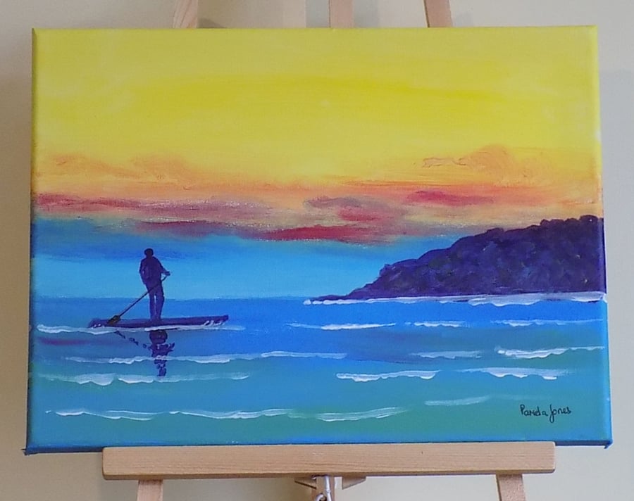Paddle Boarding, Oxwich Bay, Gower, Acrylic Painting on Canvas, 30 x 23 cm 
