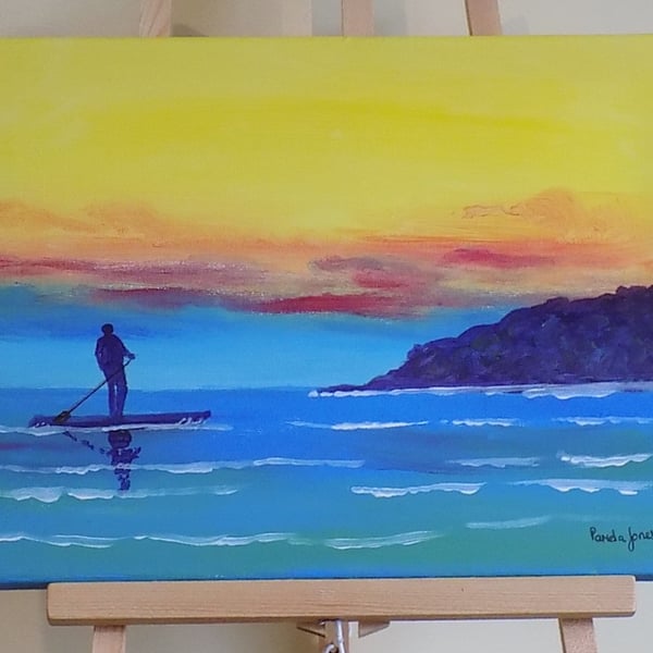 Paddle Boarding, Oxwich Bay, Gower, Acrylic Painting on Canvas, 30 x 23 cm 