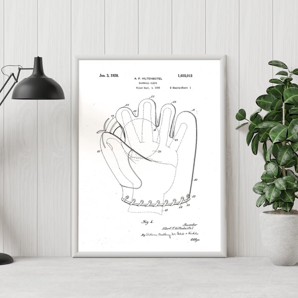 Baseball glove patent drawing print