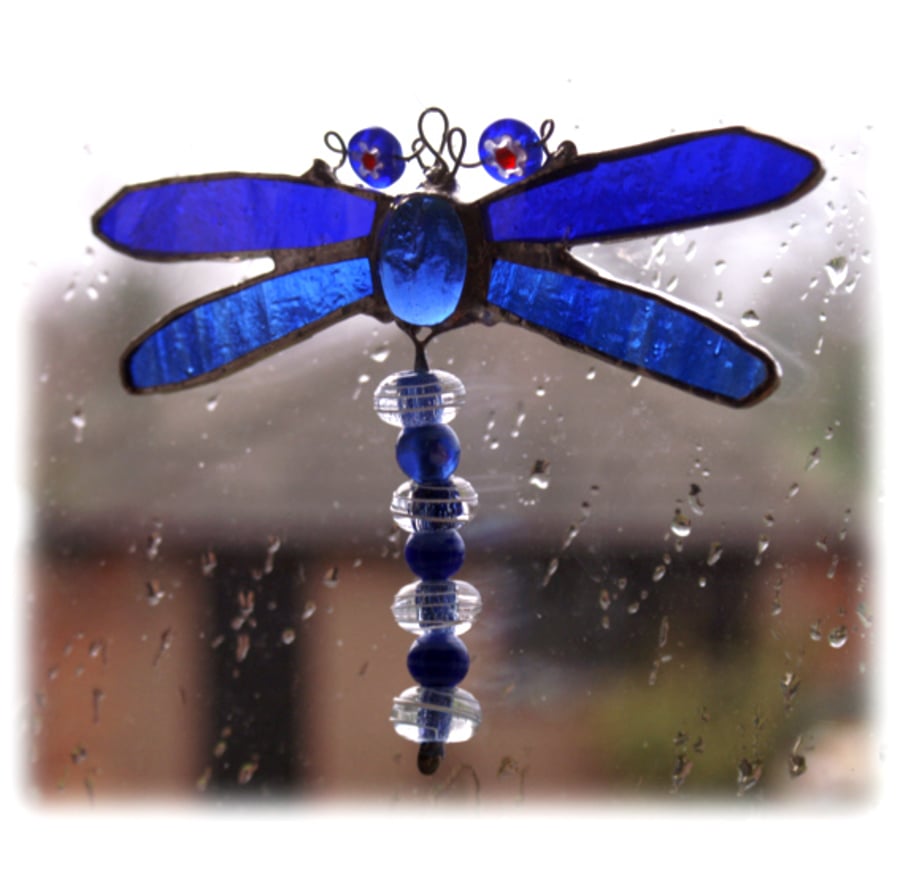 SOLD Dragonfly Suncatcher Stained Glass Blue Bead-Tailed  