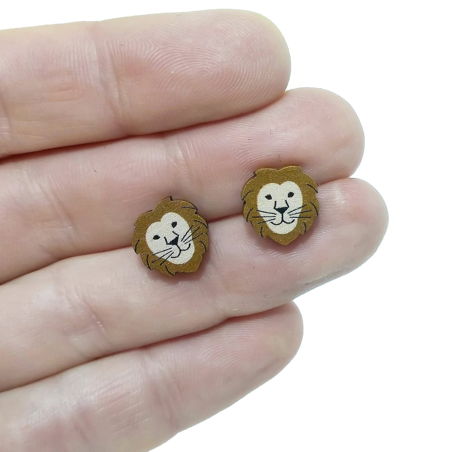 Lion Stud Earrings, Animal Earrings, Silver Plated or Sterling Silver Backs
