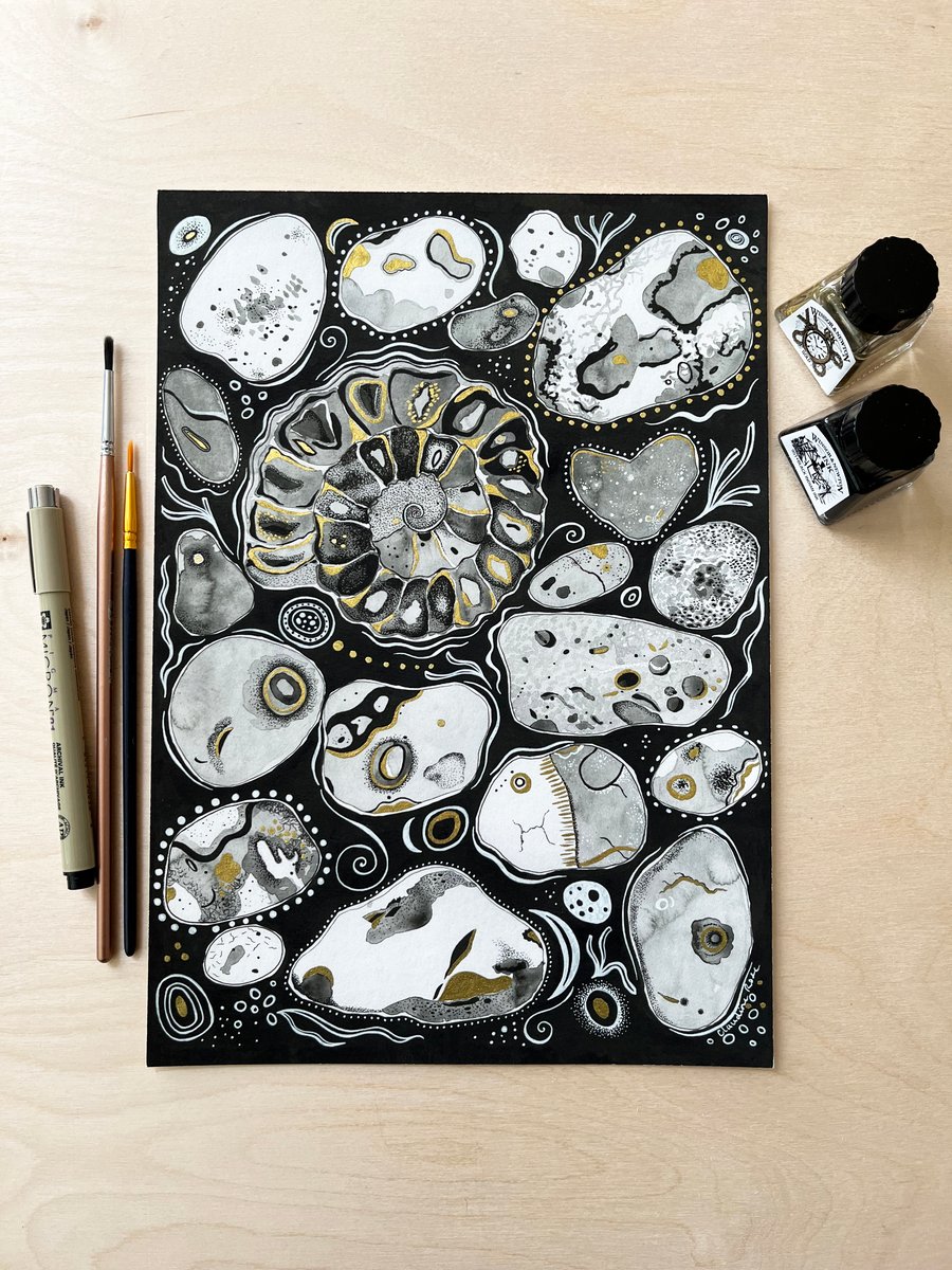 Pebbles & Ammonite A4 Print