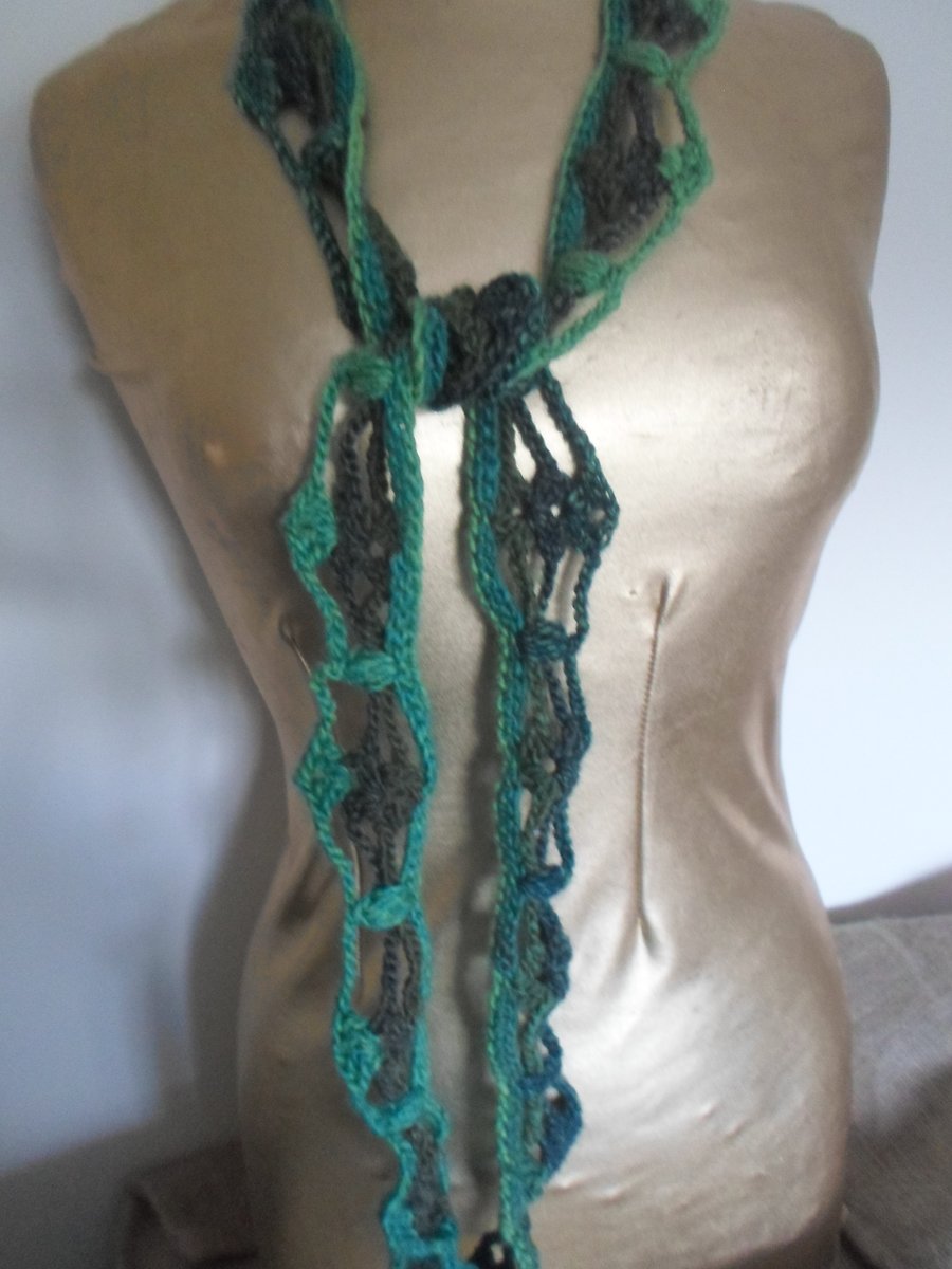  GREEN  SKINNY SCARF  -  CROCHETED SHADES OF GREEN VARIEGATED YARN 