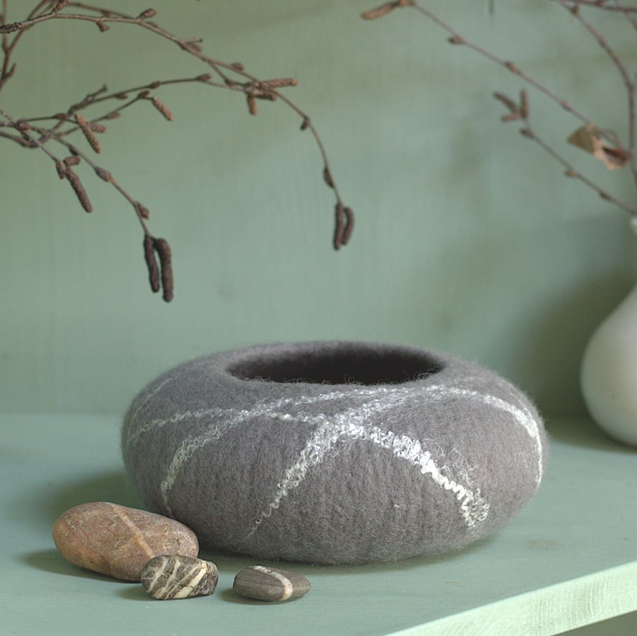 Mid Grey Felt Striped Pebble Bowl - hand felted textile art