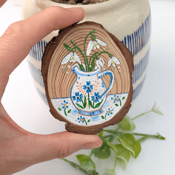 Hand-painted Snowdrop jug fridge magnet 