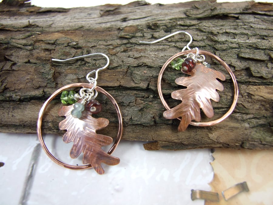 Oak Leaf Earrings, Copper with Garnet, Aquamarine, Peridot & Sterling Silver 
