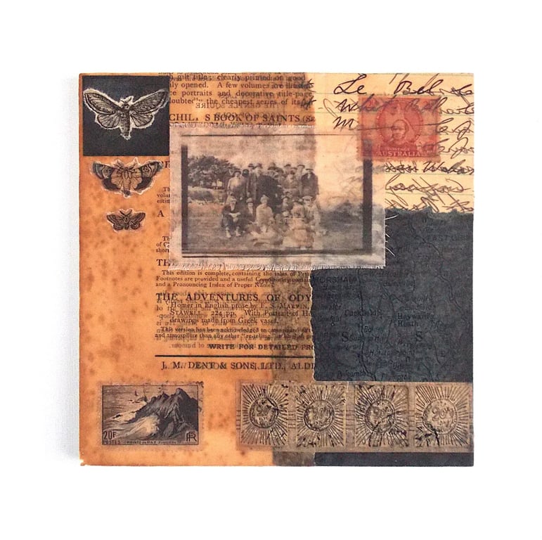 Vintage Paper Collage on Wood Panel, 14.8cms, Free UK Postage (207)