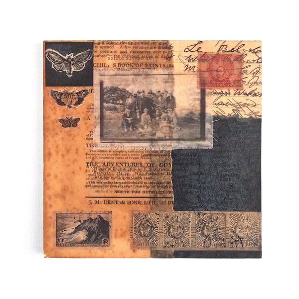 Vintage Paper Collage on Wood Panel, 14.8cms, Free UK Postage (207)