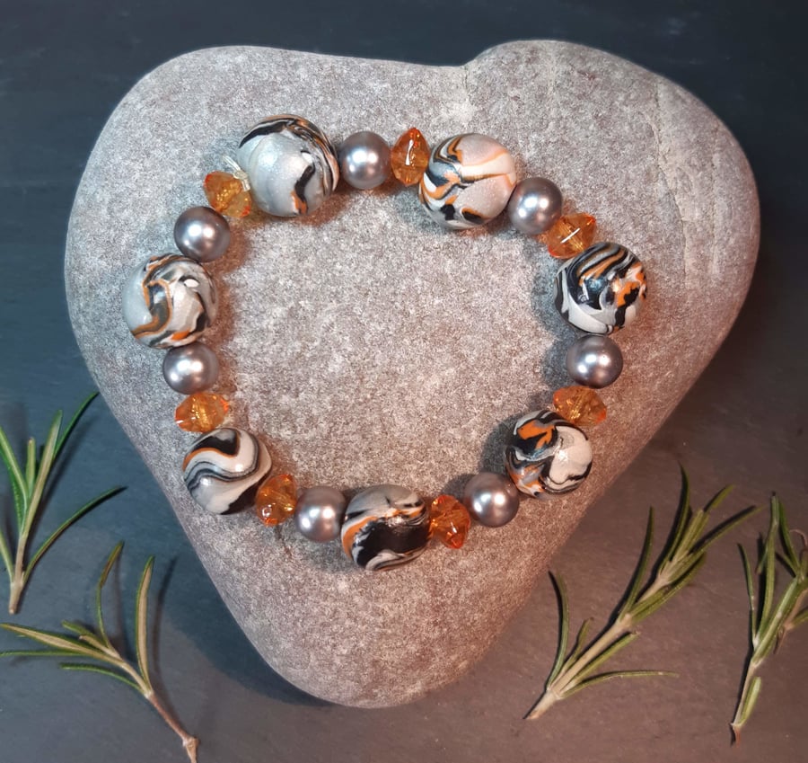 Orange and grey polymer clay bracelet 