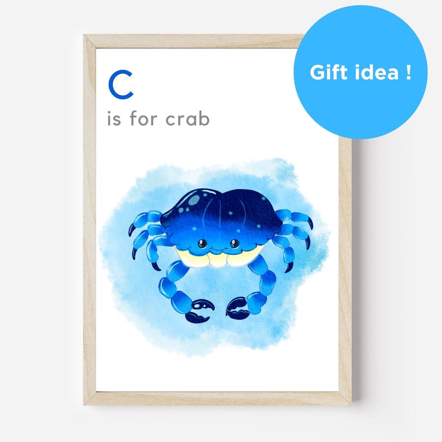 C is for crab unframed blue nursery wall art print for kids bedroom playroom