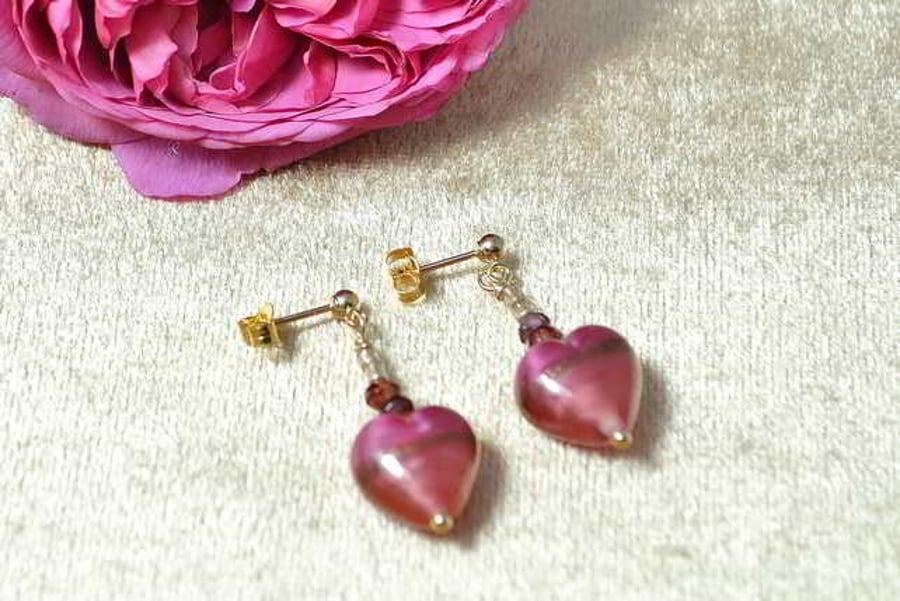 Garnet & Murano Glass Heart Earrings