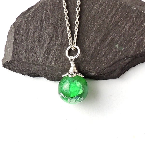 Green Resin Ball Necklace, Silver Colour, 18" Chain  (SALE)  F009