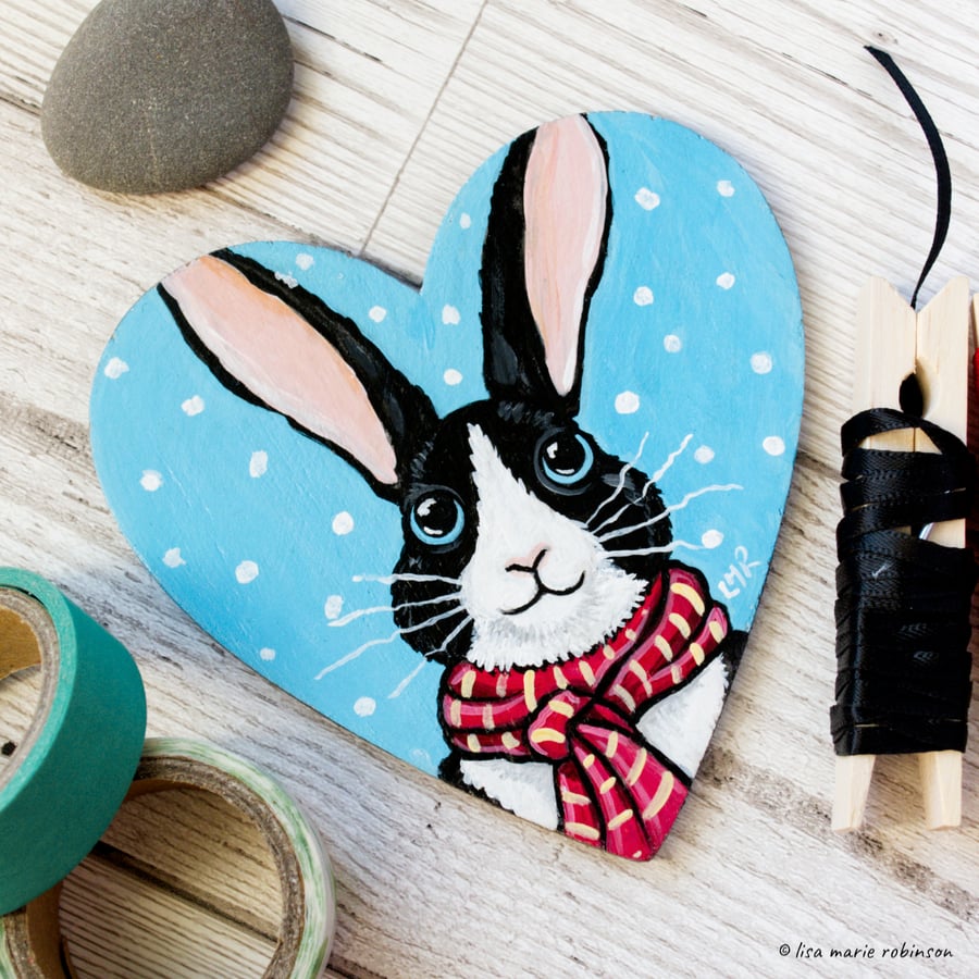 Winter Bunny Rabbit - Hand Painted Heart Shaped Magnet