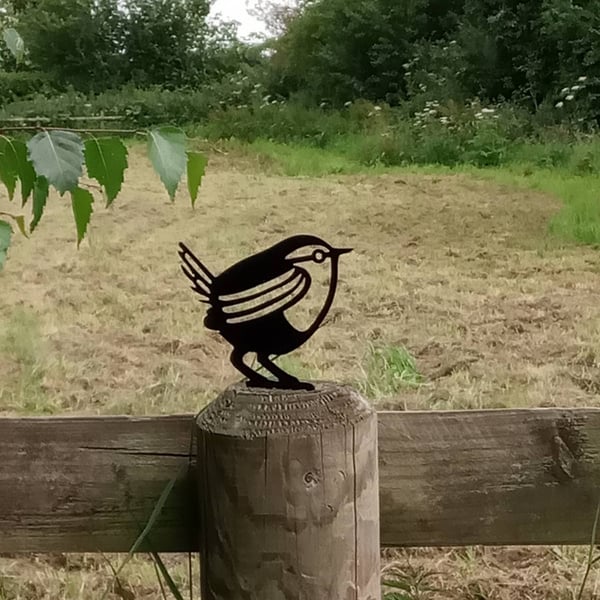 Black Metal Wren Bird Fence or Post Topper Garden Ornament