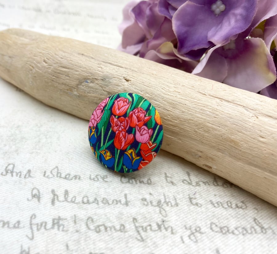 Spring tulips red pink blue and yellow fabric button brooch colour pop
