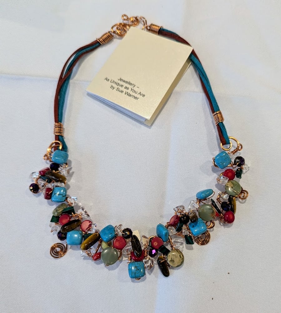 Non-tarnish Copper tnecklace with Magesite, Coral  & assorted gemstones (N474C)