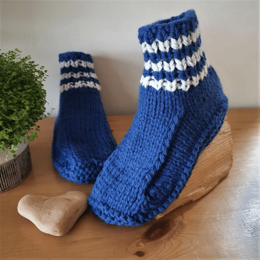 Slippers, Dorm Boots, UK 7-8  Adult Unisex Blue & Silver, Hand Knitted, Wool Mix