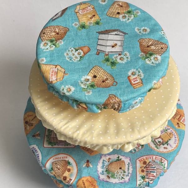 Three reusable bowl covers. Bees and beehives