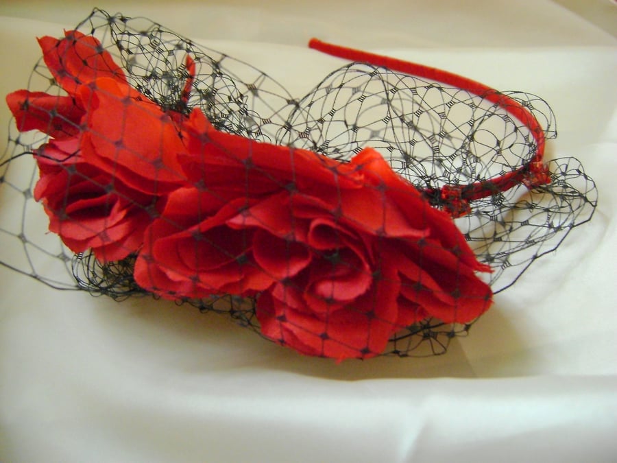 Scarlet Red Rose & Net Fascinator
