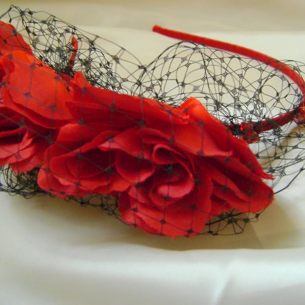 Scarlet Red Rose & Net Fascinator