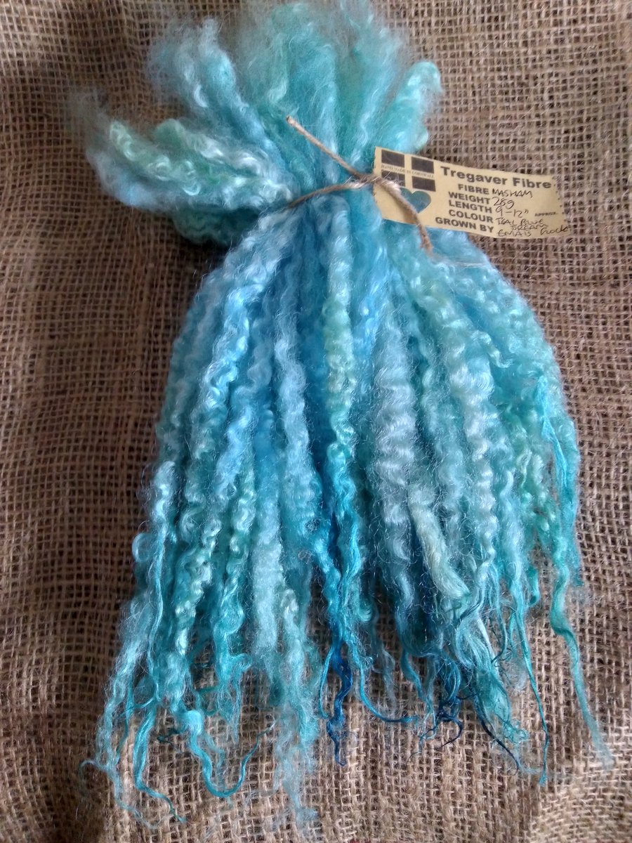Teal and blue Dream  hand dyed  curly wool masham locks, 28g felting wool 
