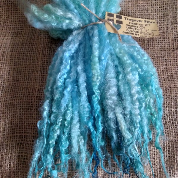Teal and blue Dream  hand dyed  curly wool masham locks, 28g felting wool 