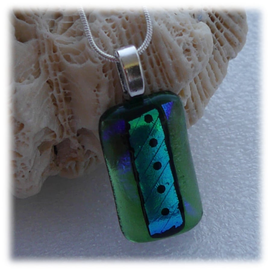 Dichroic Glass Pendant 097 Green Spot handmade fused with silver plated chain
