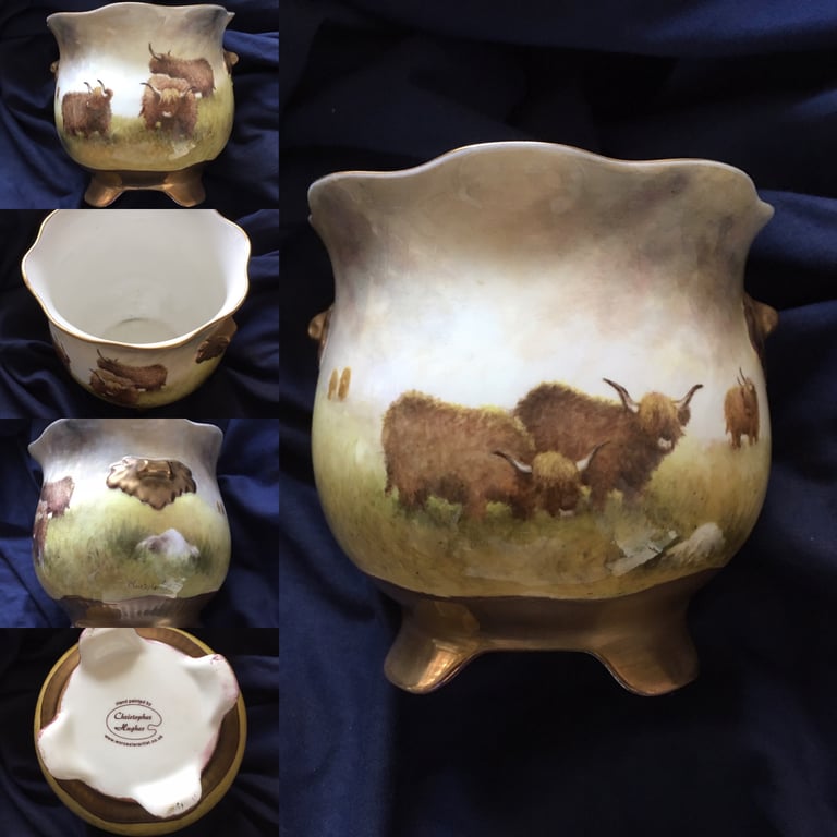 Highland Cattle . Handpainted Bone China Planter